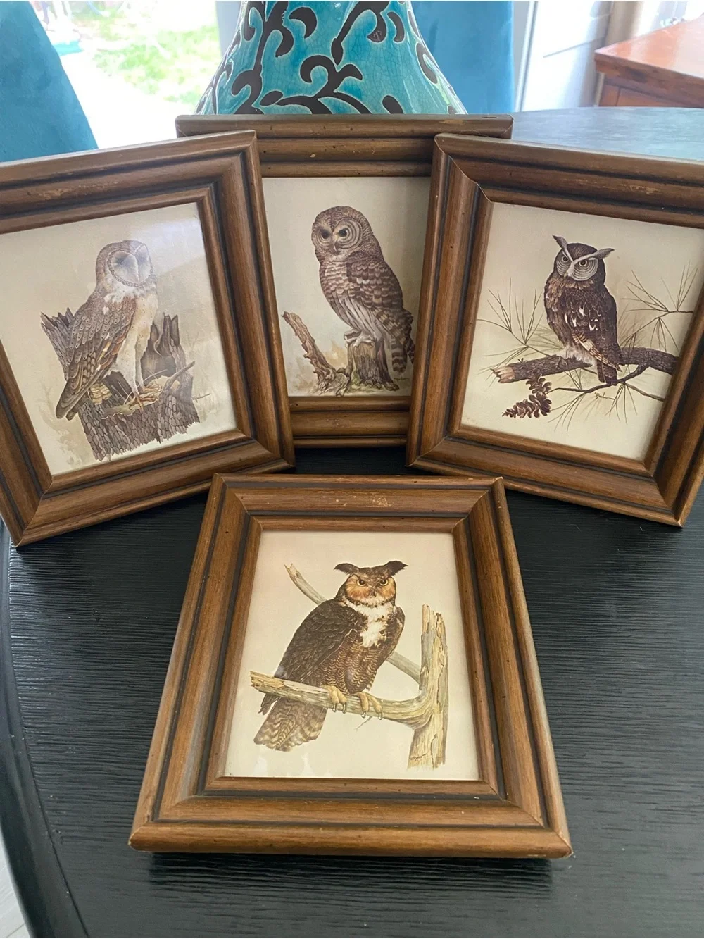 Vintage Wood Frame Owl Wall Art  4 pc Set